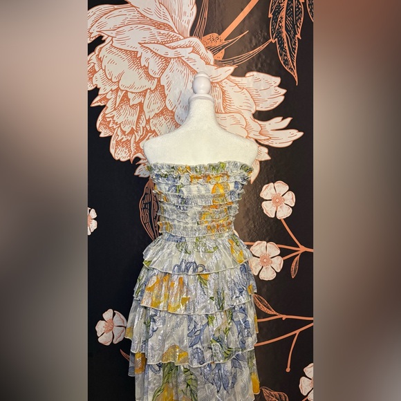 Metallic Strapless Ruffled Floral & Lemon Print Mini Dress - Picture 5 of 6